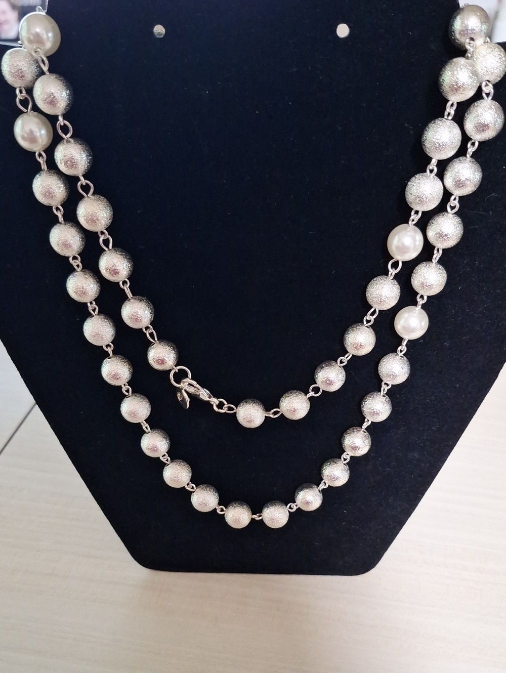 Elegant Silver-Tone Necklace With Accent Faux Pearl Beads Multi-Strand Necklace